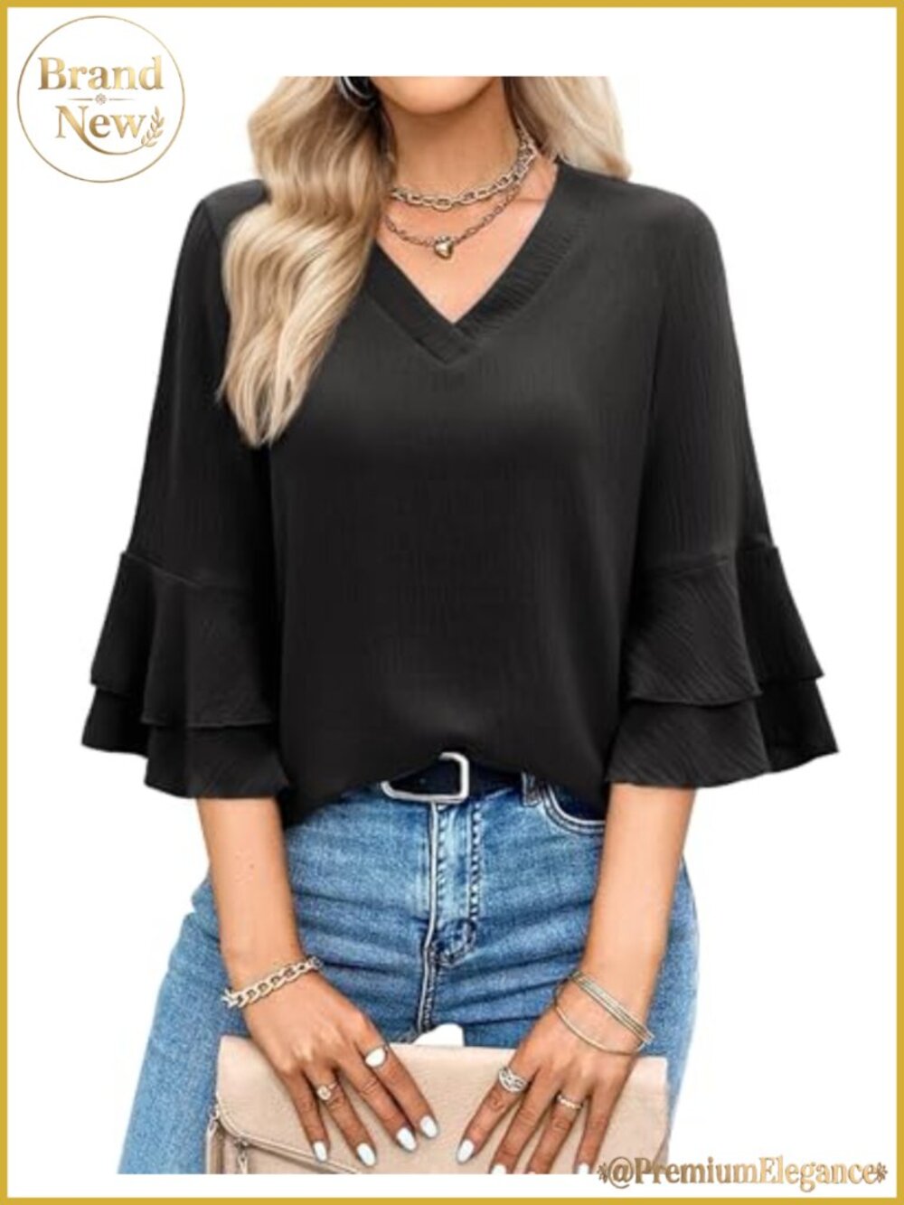 Womens 3/4 Sleeve V Neck Ruffle Bell Sleeve Blouse Casual Work Top